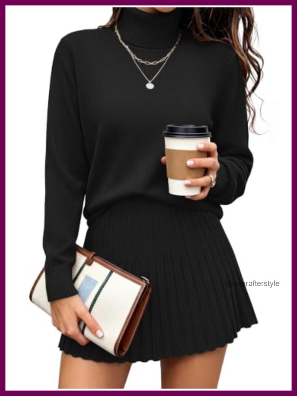 Women's 2 Piece Turtleneck Sweater and Pleated Mini Skirt Set
